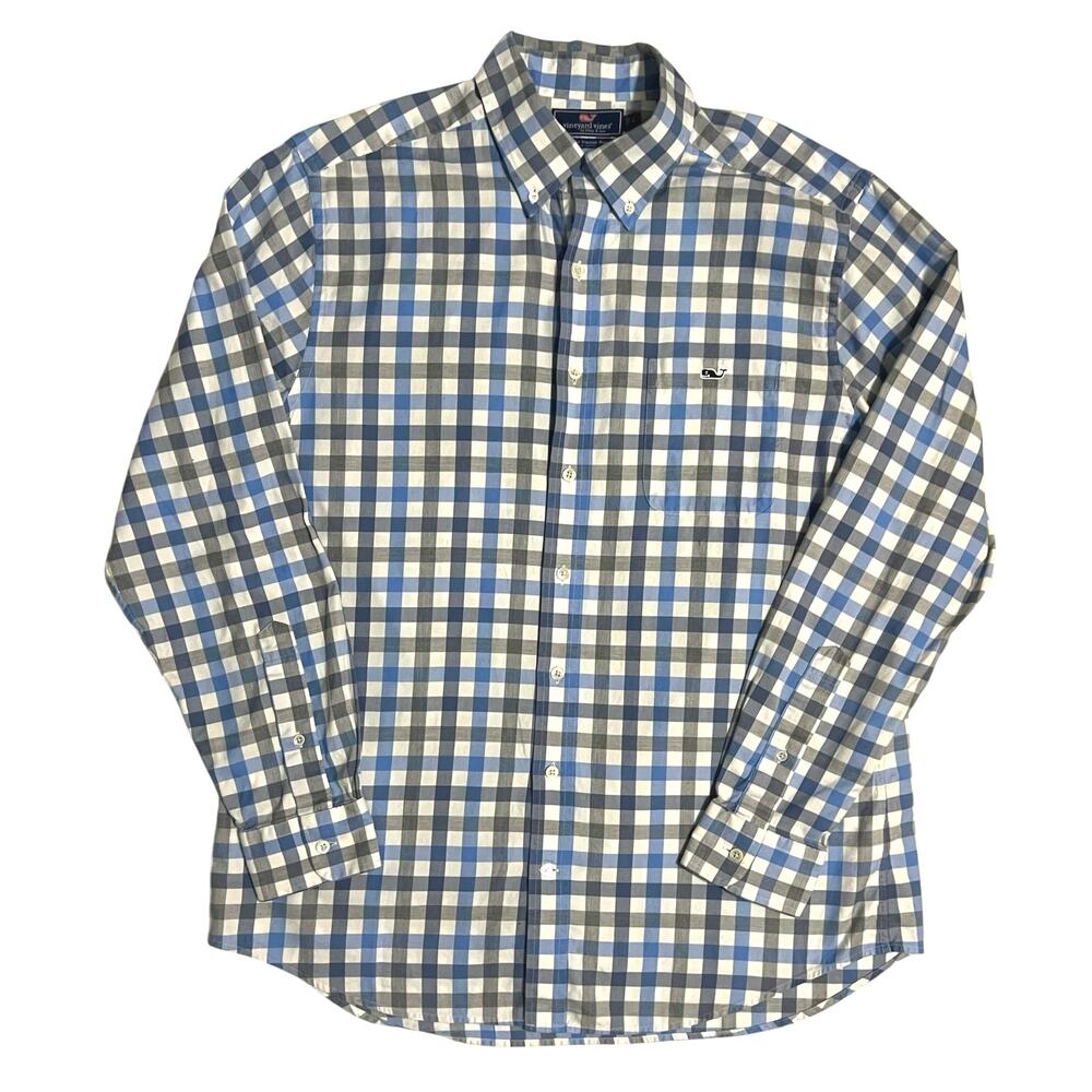 Vineyard Vines Men Button Down Blue Plaid Long Sleeve Size Large Slim Fit Tucker